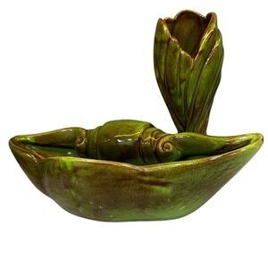 Lot Of 2 Vtg West Coast Pottery Seashell Planter & Twisted Vase Set Green Brown